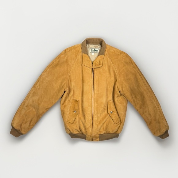 Vintage LL Bean Suede Leather Bomber Jacket Military Style Made USA Sz 42- Beige